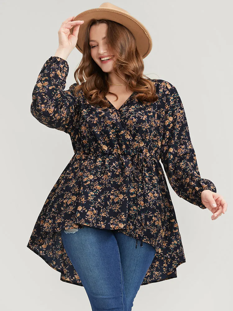 Floral Wrap Lantern Sleeve High Low Hem Blouse Without Hat sold by Bloomchic