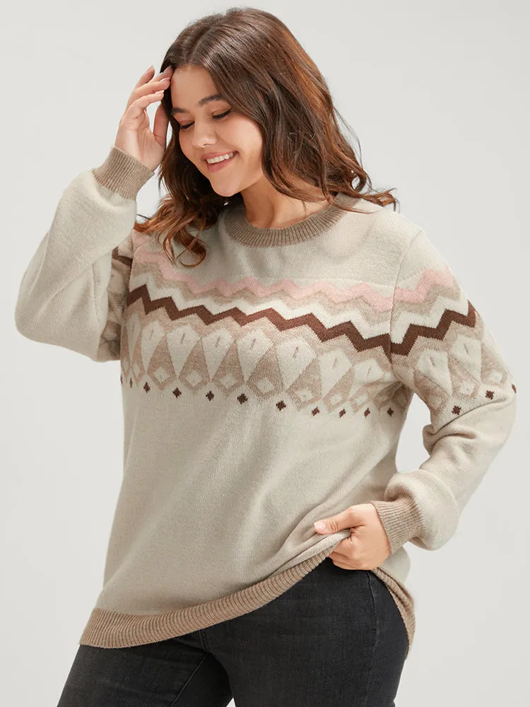 Geometric Contrast Soft Pointelle Knit Jacquard Round Neck Knit Top sold by Bloomchic product image thumbnail 3