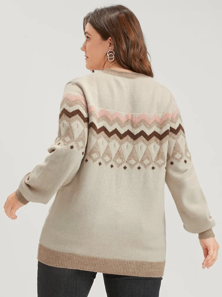 Geometric Contrast Soft Pointelle Knit Jacquard Round Neck Knit Top sold by Bloomchic product image thumbnail 5