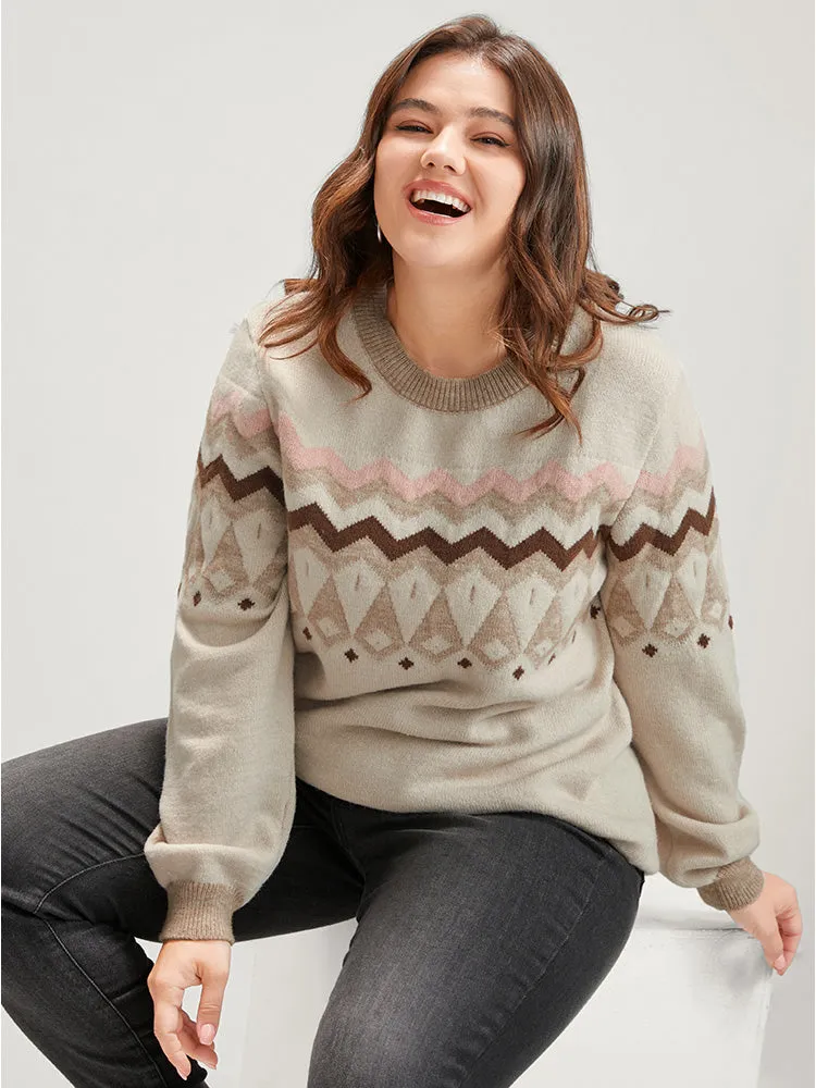 Geometric Contrast Soft Pointelle Knit Jacquard Round Neck Knit Top sold by Bloomchic