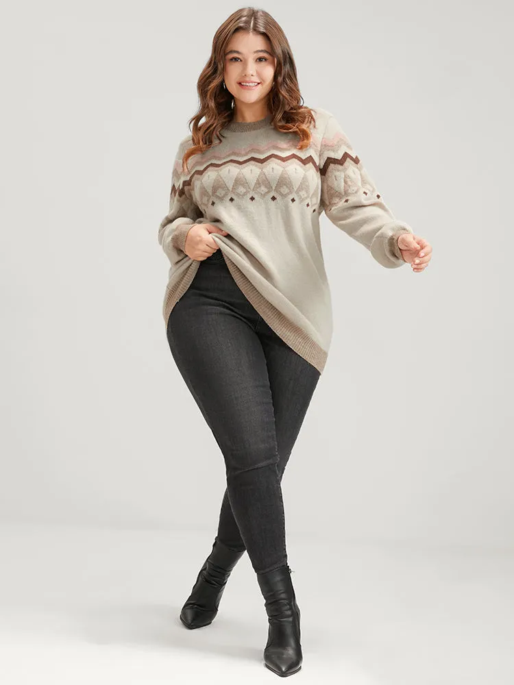 Geometric Contrast Soft Pointelle Knit Jacquard Round Neck Knit Top sold by Bloomchic product image thumbnail 4