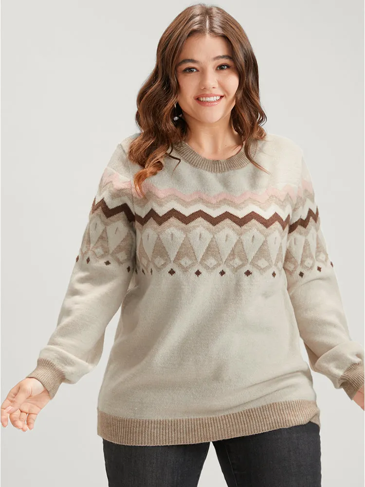 Geometric Contrast Soft Pointelle Knit Jacquard Round Neck Knit Top sold by Bloomchic product image thumbnail 2