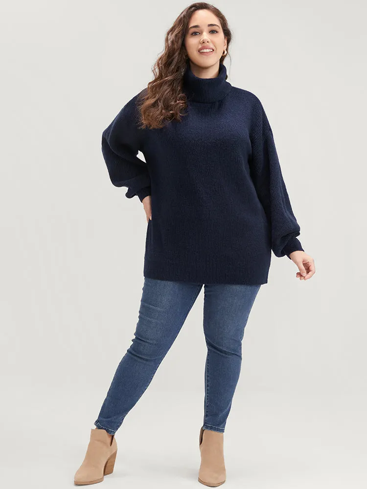 Solid Rib Knit Lantern Sleeve Funnel Neck Sweater sold by Bloomchic product image thumbnail 4