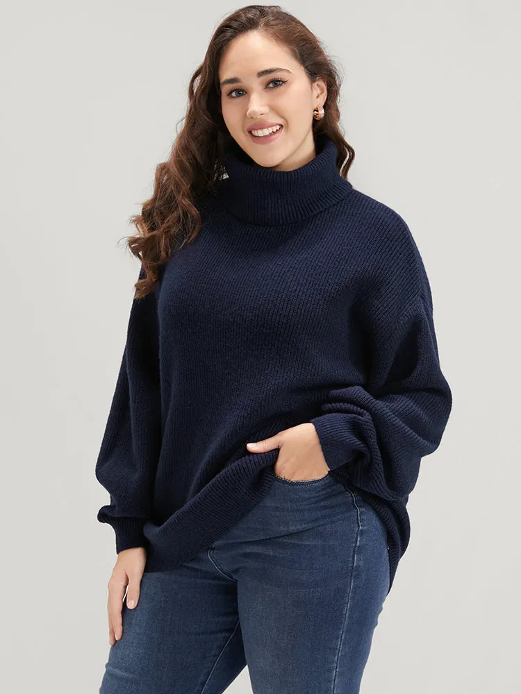 Solid Rib Knit Lantern Sleeve Funnel Neck Sweater sold by Bloomchic