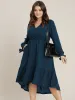 Solid Knotted Sleeve Pocket Wrap Ruffle Asymmetrical Hem Dress sold by Bloomchic