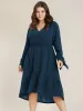 Solid Knotted Sleeve Pocket Wrap Ruffle Asymmetrical Hem Dress sold by Bloomchic