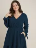 Solid Knotted Sleeve Pocket Wrap Ruffle Asymmetrical Hem Dress sold by Bloomchic