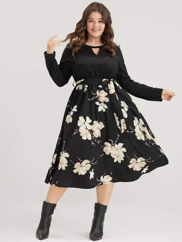 Floral Print Keyhole Round Neck Pocket Belted Dress sold by Bloomchic