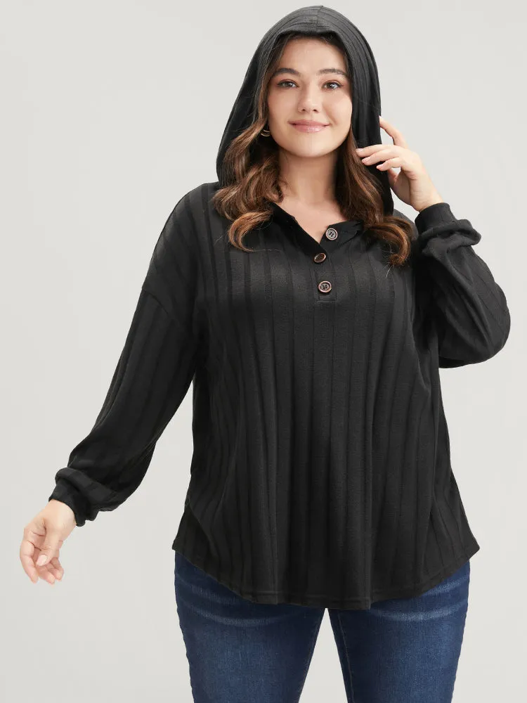 Solid Button Rib Knit Arc Hem Hooded Sweatshirt sold by Bloomchic product image thumbnail 4