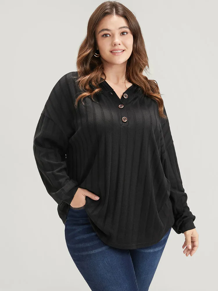 Solid Button Rib Knit Arc Hem Hooded Sweatshirt sold by Bloomchic