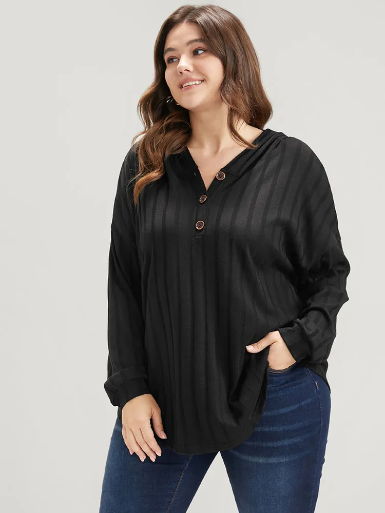 Solid Button Rib Knit Arc Hem Hooded Sweatshirt sold by Bloomchic product image thumbnail 3