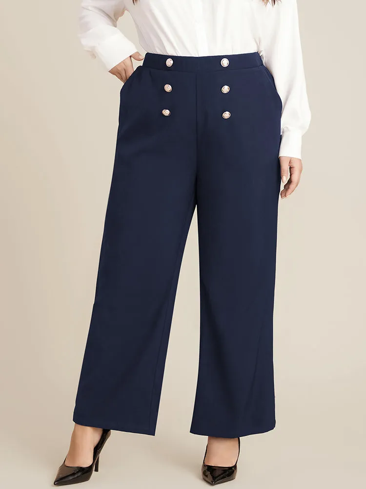 Solid Elastic Waist Pocket Button Detail Pants sold by Bloomchic