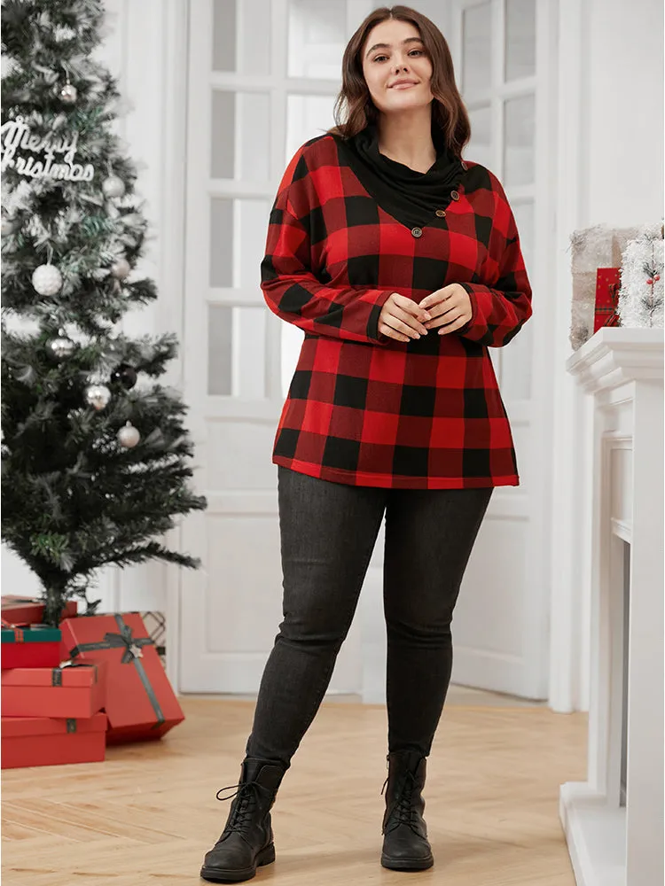 Plaid Patchwork Button Detail Cowl Neck 2-In-1 Sweatshirt sold by Bloomchic product image thumbnail 4