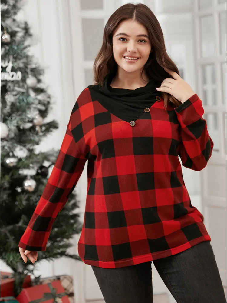 Plaid Patchwork Button Detail Cowl Neck 2-In-1 Sweatshirt sold by Bloomchic