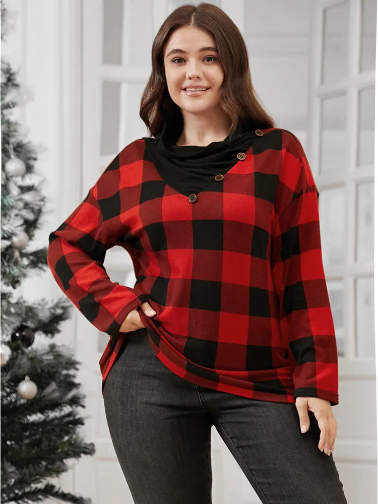 Plaid Patchwork Button Detail Cowl Neck 2-In-1 Sweatshirt sold by Bloomchic product image thumbnail 5