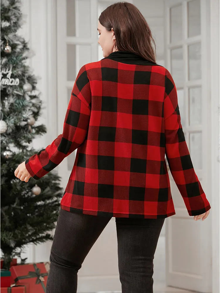 Plaid Patchwork Button Detail Cowl Neck 2-In-1 Sweatshirt sold by Bloomchic product image thumbnail 2