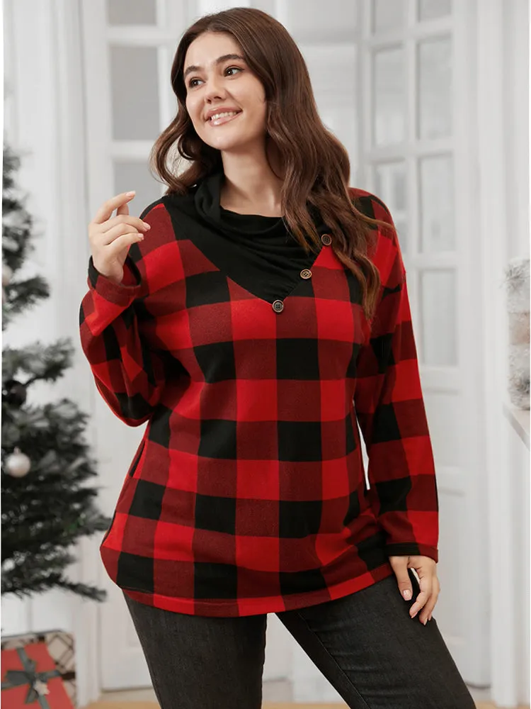 Plaid Patchwork Button Detail Cowl Neck 2-In-1 Sweatshirt sold by Bloomchic product image thumbnail 3