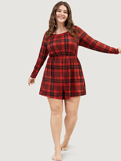 Plaid Round Neck Pocket Elastic Waist Sleep Romper sold by Bloomchic product image thumbnail 5