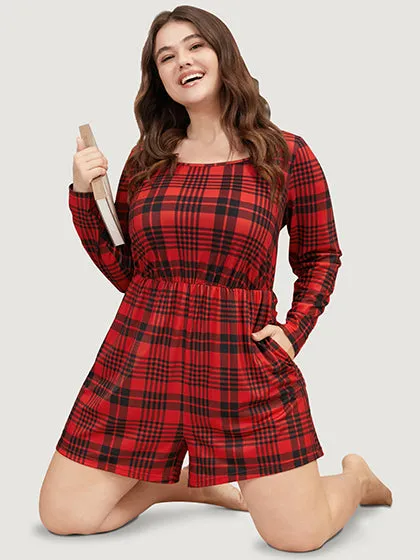 Plaid Round Neck Pocket Elastic Waist Sleep Romper sold by Bloomchic product image thumbnail 3