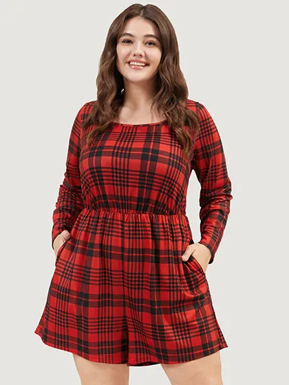Plaid Round Neck Pocket Elastic Waist Sleep Romper sold by Bloomchic product image thumbnail 2
