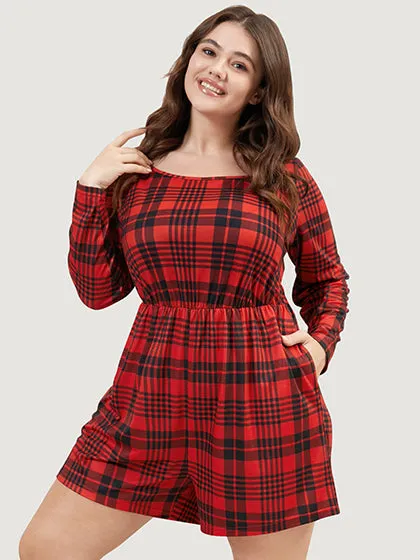 Plaid Round Neck Pocket Elastic Waist Sleep Romper sold by Bloomchic
