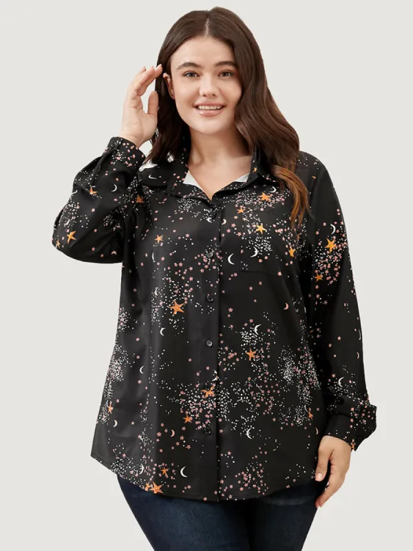 Star Print Button Up Pocket Arc Hem Blouse sold by Bloomchic
