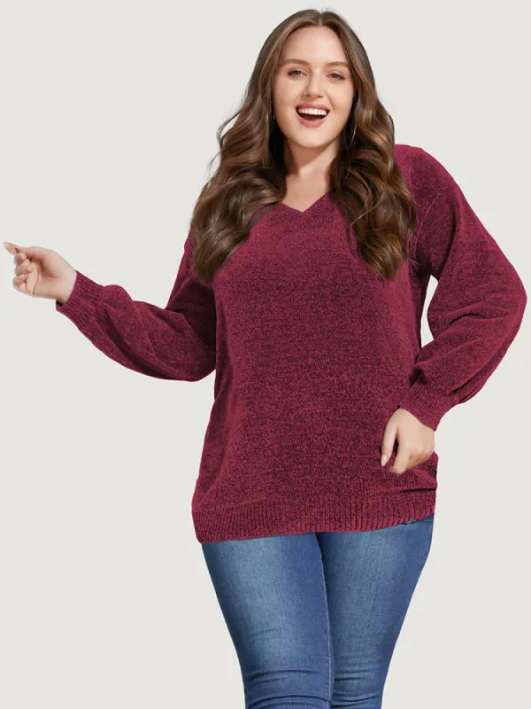 Solid Chenille Knit Lantern Sleeve V Neck Knit Top sold by Bloomchic