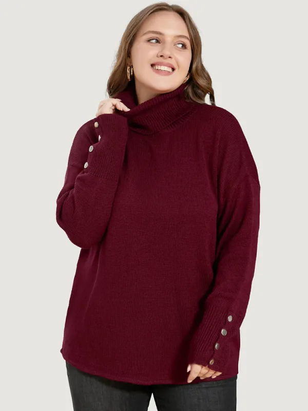 Solid Pointelle Knit Button Detail Funnel Neck Knit Top sold by Bloomchic