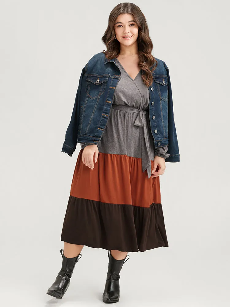 Colorblock Contrast Pocket Wrap Belted Ruffle Tiered Dress sold by Bloomchic product image thumbnail 4