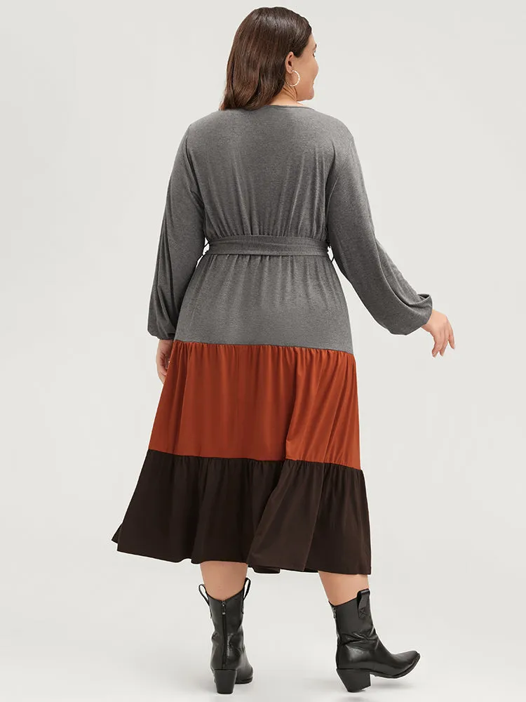 Colorblock Contrast Pocket Wrap Belted Ruffle Tiered Dress sold by Bloomchic product image thumbnail 5