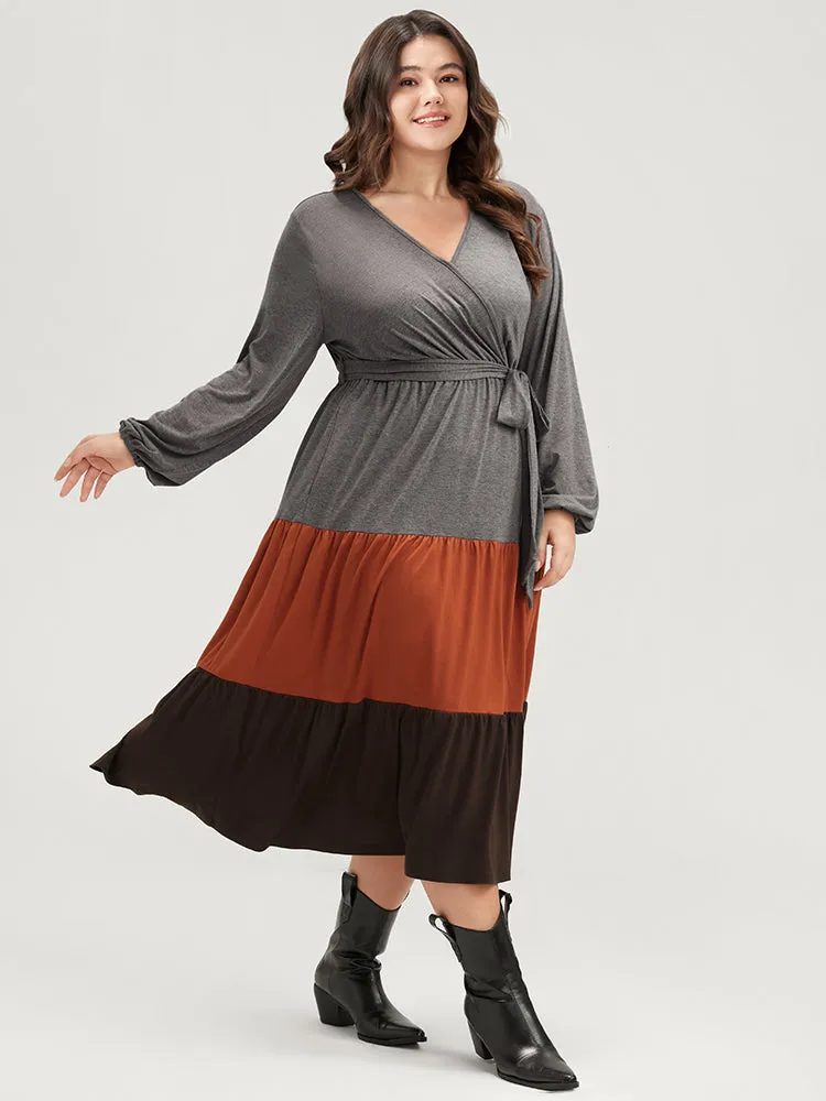 Colorblock Contrast Pocket Wrap Belted Ruffle Tiered Dress sold by Bloomchic product image thumbnail 2