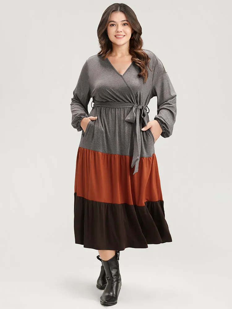 Colorblock Contrast Pocket Wrap Belted Ruffle Tiered Dress sold by Bloomchic product image thumbnail 3