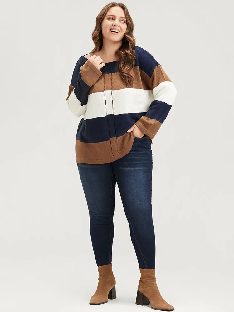 Colorblock Contrast Pointelle Knit Eyelet Split Hem Knit Top sold by Bloomchic product image thumbnail 2