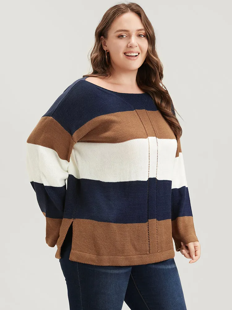 Colorblock Contrast Pointelle Knit Eyelet Split Hem Knit Top sold by Bloomchic product image thumbnail 3