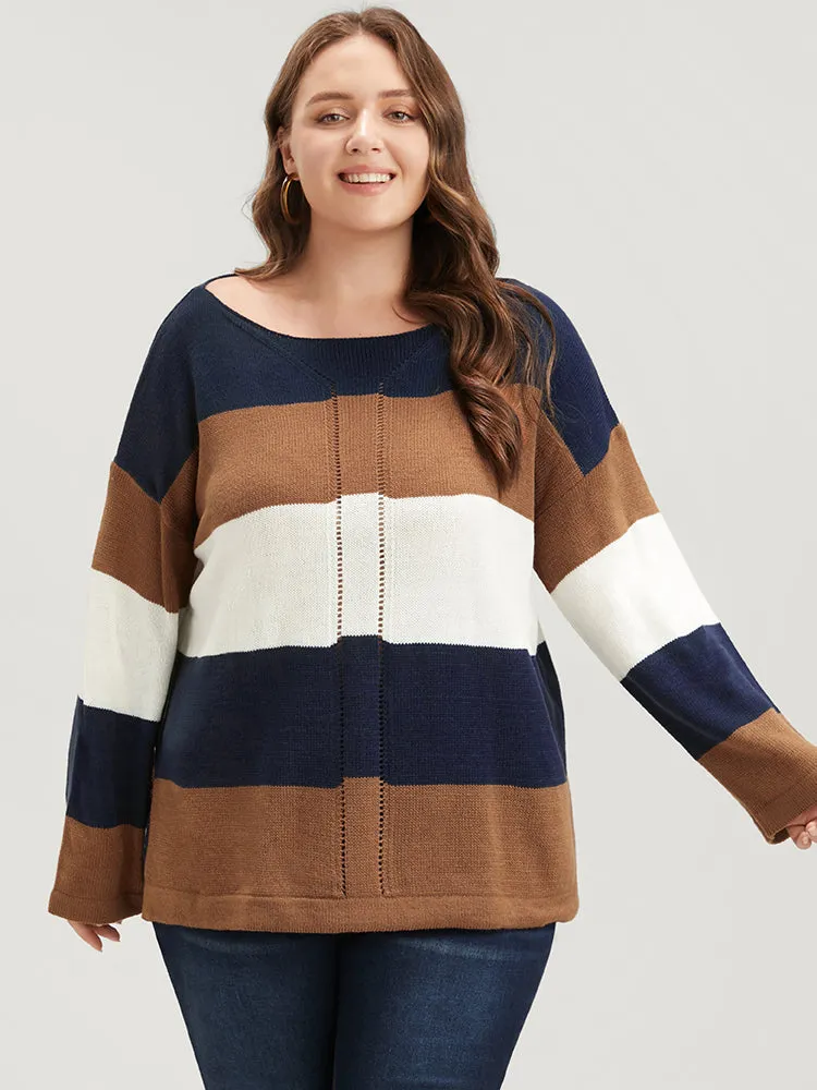 Colorblock Contrast Pointelle Knit Eyelet Split Hem Knit Top sold by Bloomchic