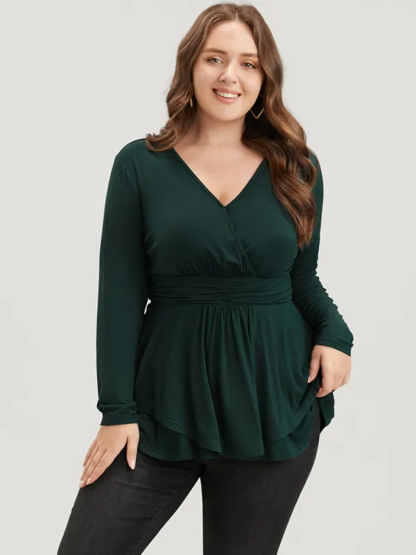 Solid Ruffle Hem Gathered Surplice Neck Long Tee sold by Bloomchic