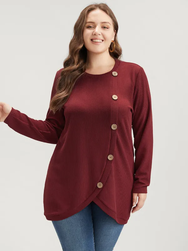 Solid Rib Knit Button Detail Asymmetrical Hem Sweatshirt sold by Bloomchic