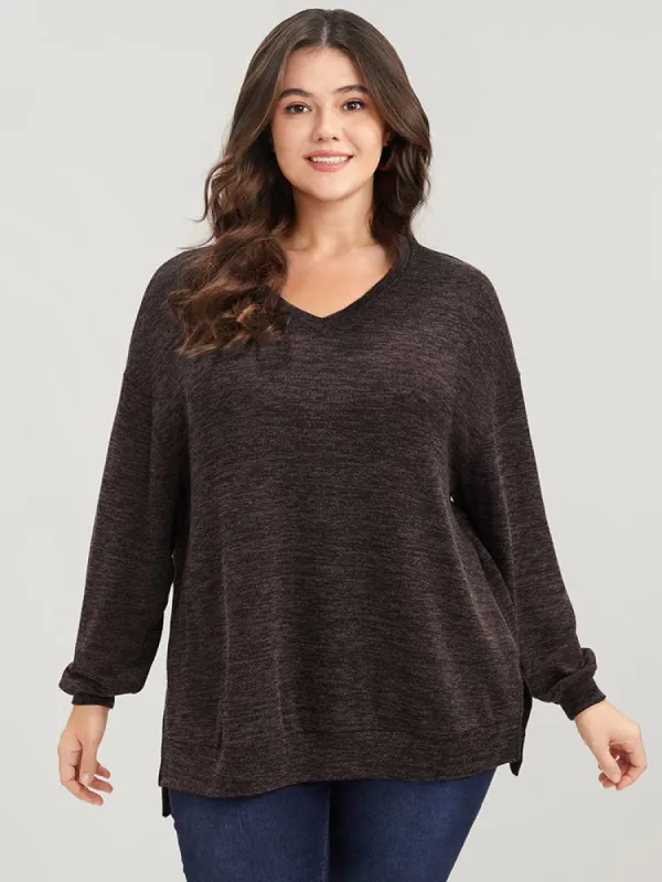 Solid Split Asymmetrical Hem V Neck Sweatshirt sold by Bloomchic