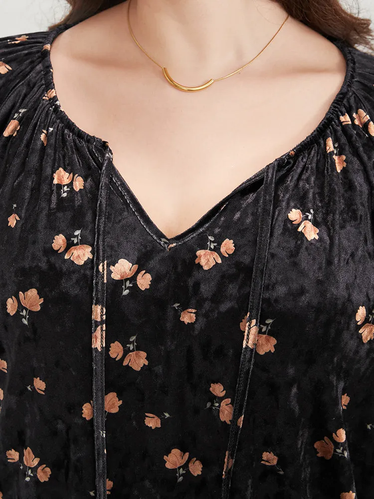 Floral Lantern Sleeve Tassels Tie Neck Velvet Blouse sold by Bloomchic product image thumbnail 5
