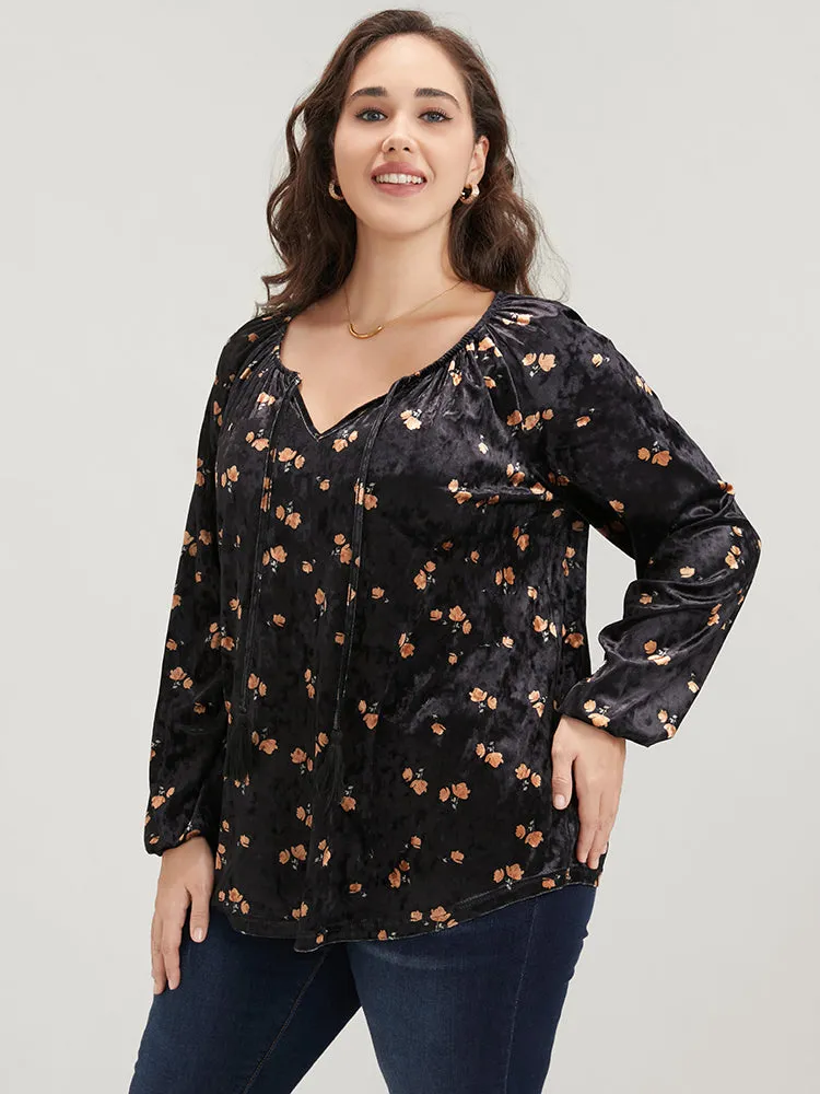 Floral Lantern Sleeve Tassels Tie Neck Velvet Blouse sold by Bloomchic product image thumbnail 2