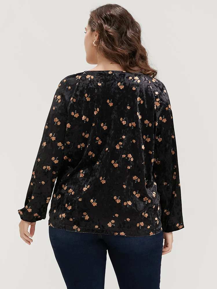 Floral Lantern Sleeve Tassels Tie Neck Velvet Blouse sold by Bloomchic product image thumbnail 3