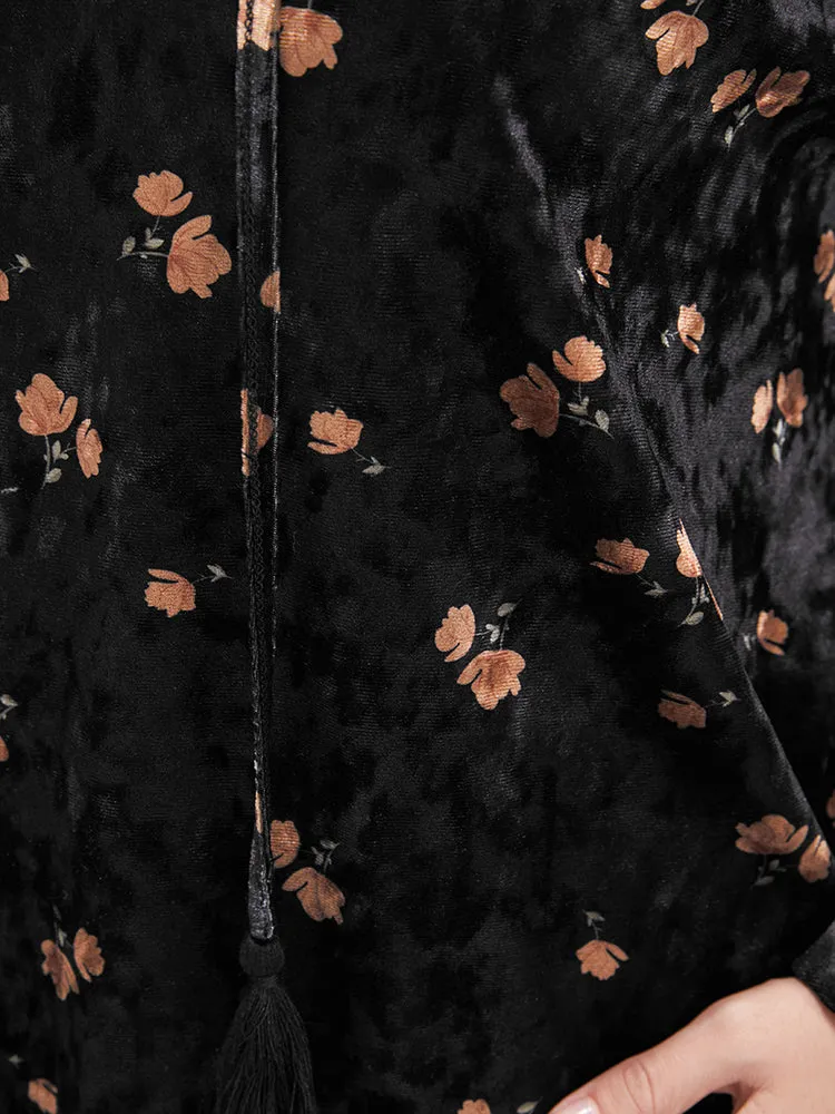 Floral Lantern Sleeve Tassels Tie Neck Velvet Blouse sold by Bloomchic product image thumbnail 4