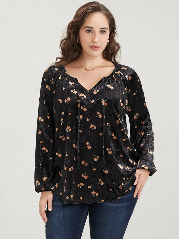 Floral Lantern Sleeve Tassels Tie Neck Velvet Blouse sold by Bloomchic