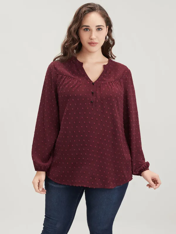 Polka Dot Button Detail Lantern Sleeve Arc Hem Blouse sold by Bloomchic