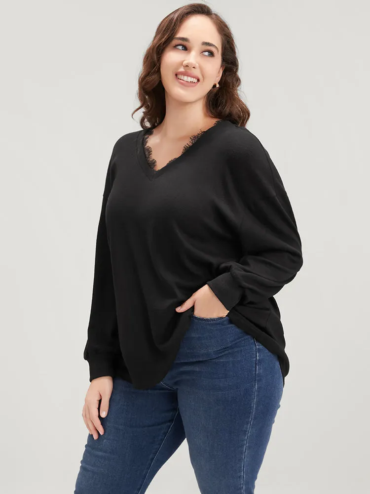 Solid V Neck Lace Trim Drop Shoulder Sweatshirt sold by Bloomchic product image thumbnail 3