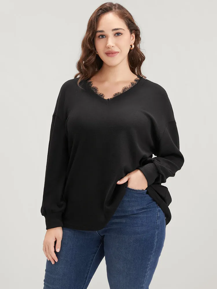 Solid V Neck Lace Trim Drop Shoulder Sweatshirt sold by Bloomchic