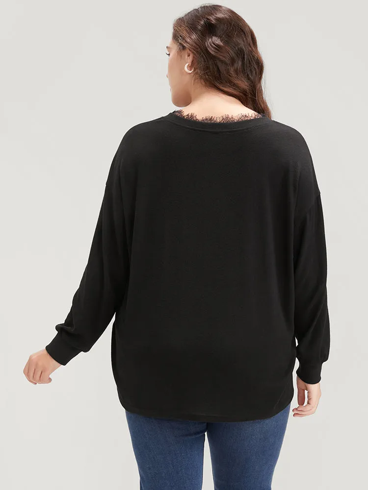 Solid V Neck Lace Trim Drop Shoulder Sweatshirt sold by Bloomchic product image thumbnail 4