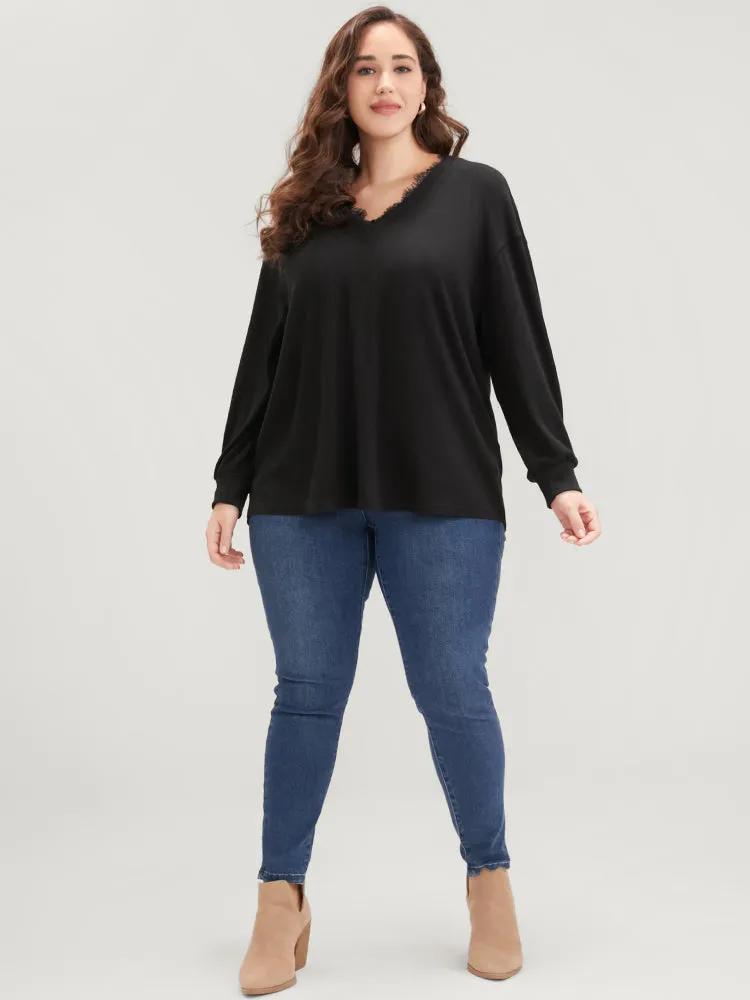 Solid V Neck Lace Trim Drop Shoulder Sweatshirt sold by Bloomchic product image thumbnail 5