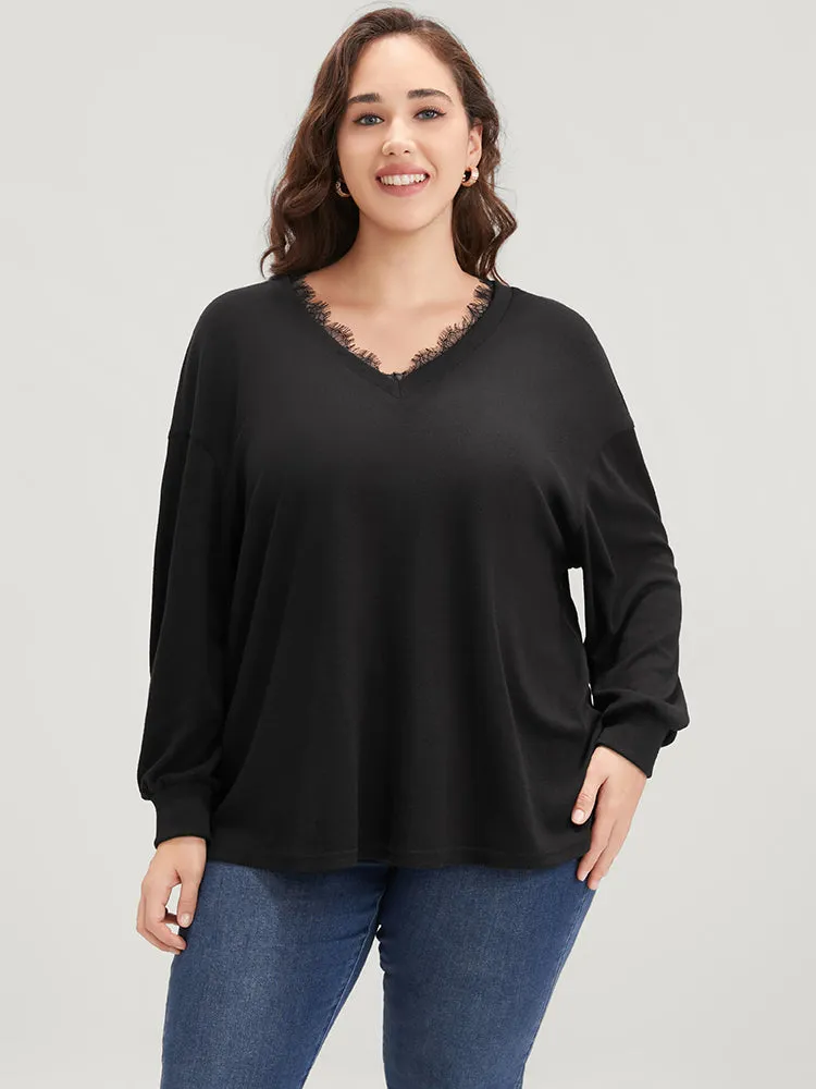 Solid V Neck Lace Trim Drop Shoulder Sweatshirt sold by Bloomchic product image thumbnail 2