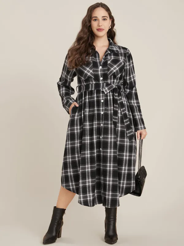 Plaid Pocket Button Cuffed Sleeve Belted Arc Hem Dress sold by Bloomchic